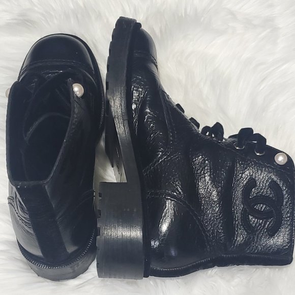 CHANEL Calfskin Pearl Combat Ankle Boots 41.5, Black - Picture 4 of 10